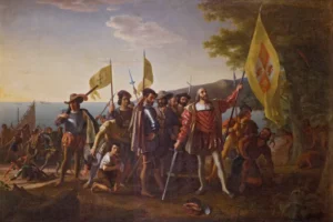 This painting depicts Christopher Columbus and members of his crew on a beach in the West Indies, newly landed from his flagship Santa Maria on October 12, 1492.